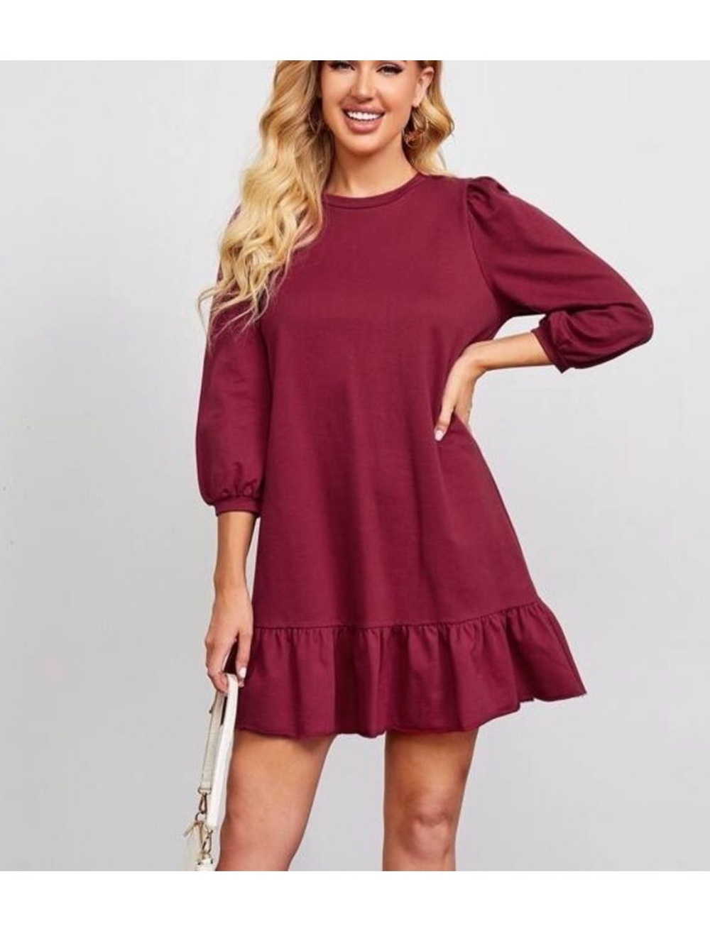 100% cotton Women's Ruffle-Hem puff sleeve Shift sweater Dress. cherry wine red